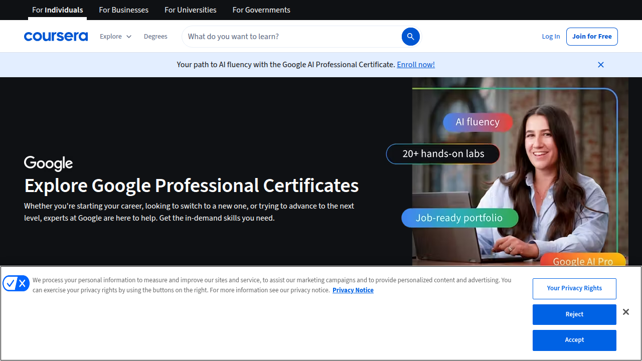 Platforms like Coursera host Google's professional certificate programs, offering structured learning paths for various tech skills.