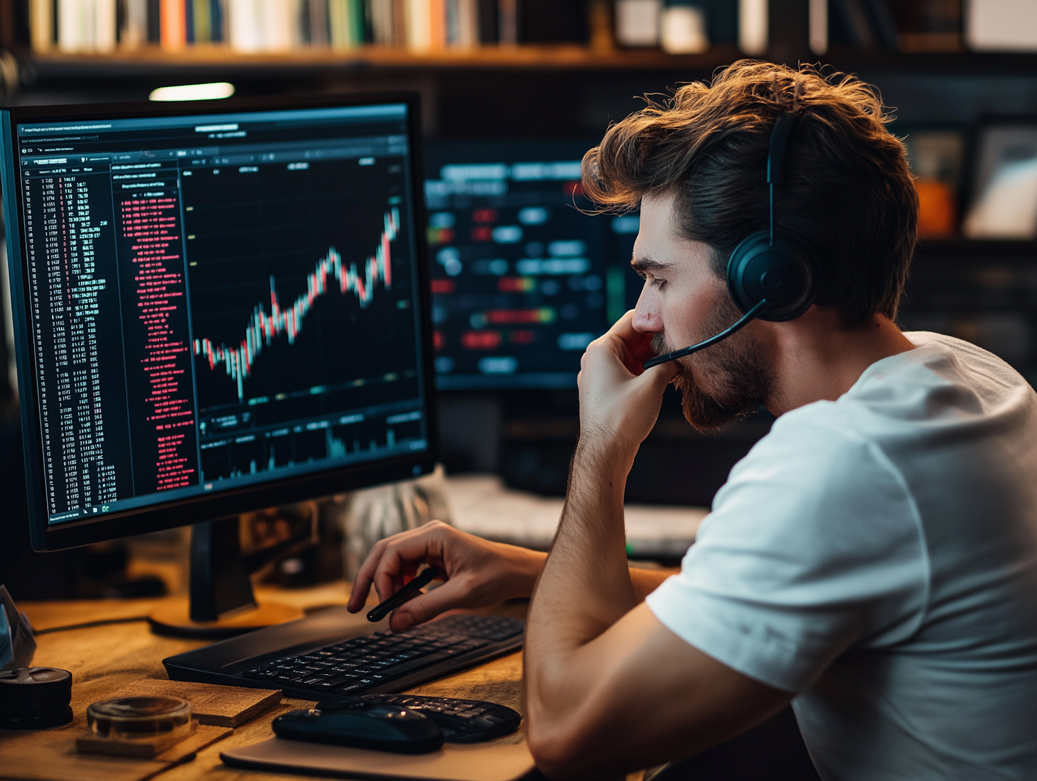 A calm and focused trader demonstrating discipline by reviewing market data, emphasizing the importance of planning and avoiding common pitfalls.