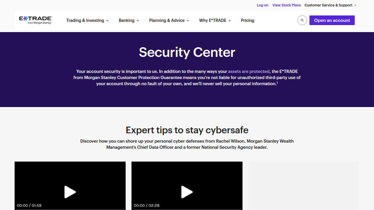 The E*TRADE Security Center page, where users can manage and enable crucial security features like Two-Factor Authentication (2FA).
