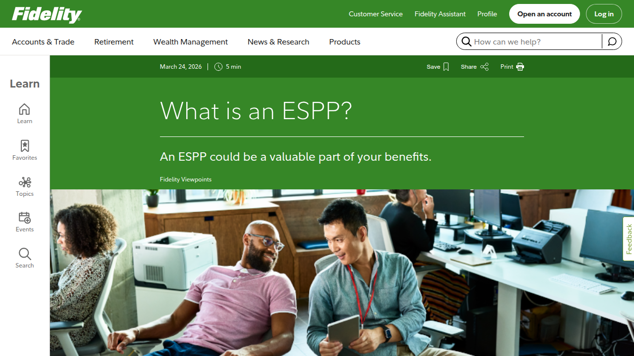 The Fidelity Learning Center page detailing what an Employee Stock Purchase Plan (ESPP) is and how it benefits employees.