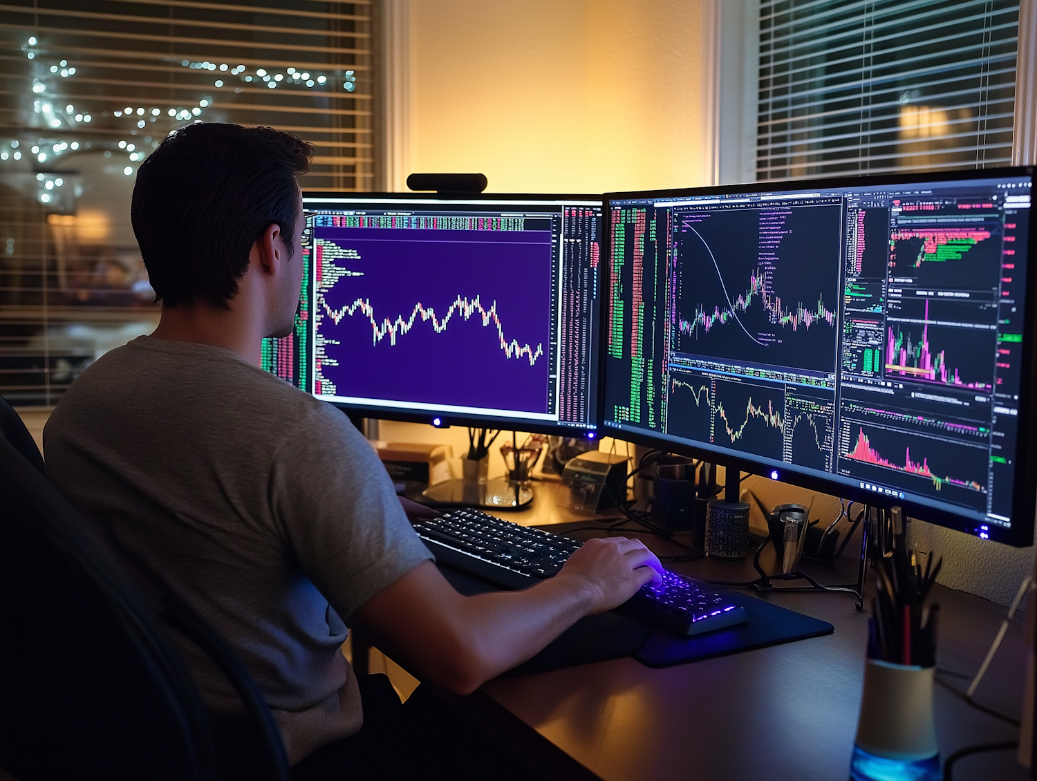 A dynamic scene depicting a trader focused on multiple screens during a period of high market volatility, indicative of session overlaps.