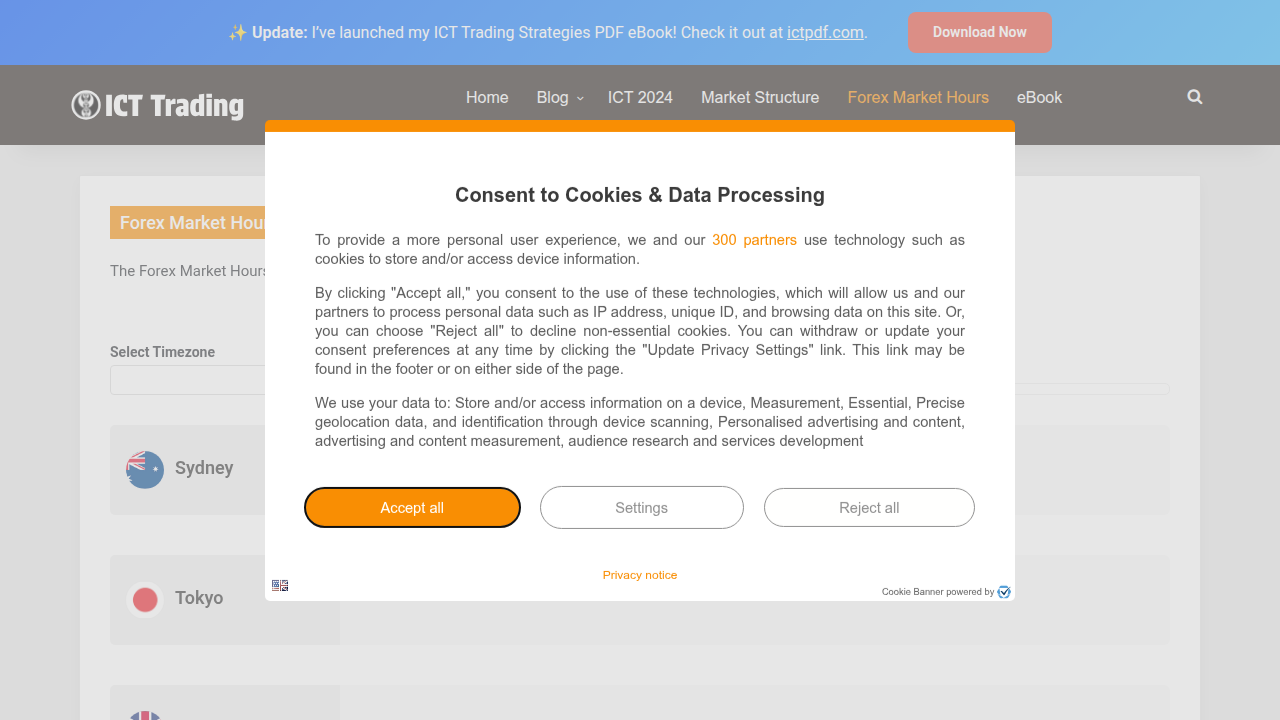 A screenshot of the ICT Trading live forex market hours tool, which automatically shows active sessions in local time, helping traders avoid manual time zone conversions.