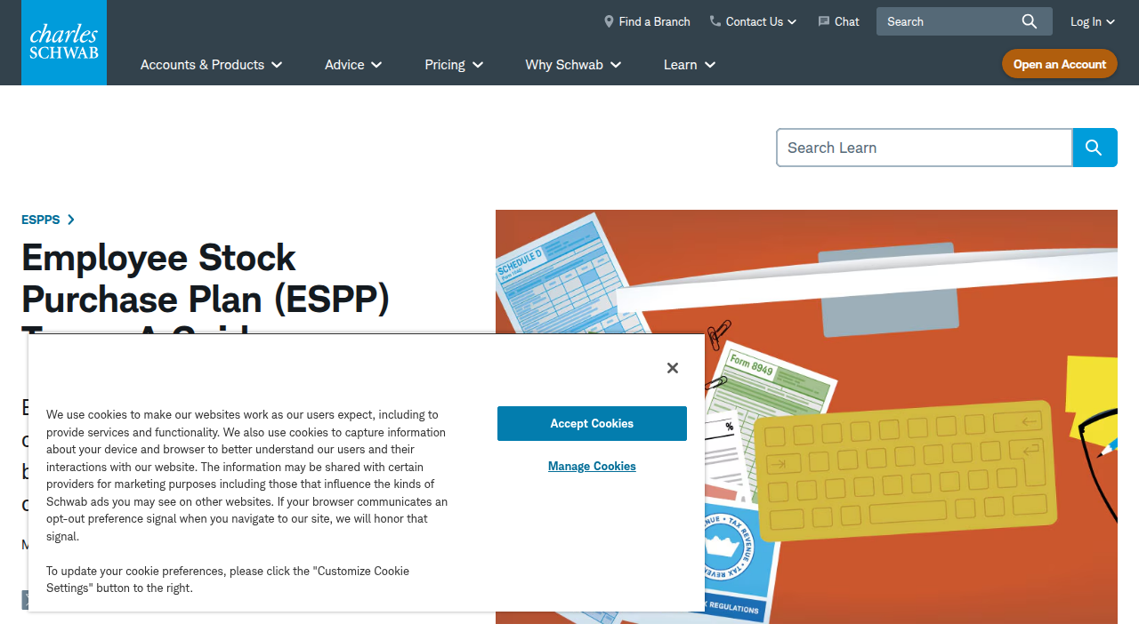 A screenshot of the Charles Schwab guide explaining the tax implications of Employee Stock Purchase Plans, a key resource for investors.