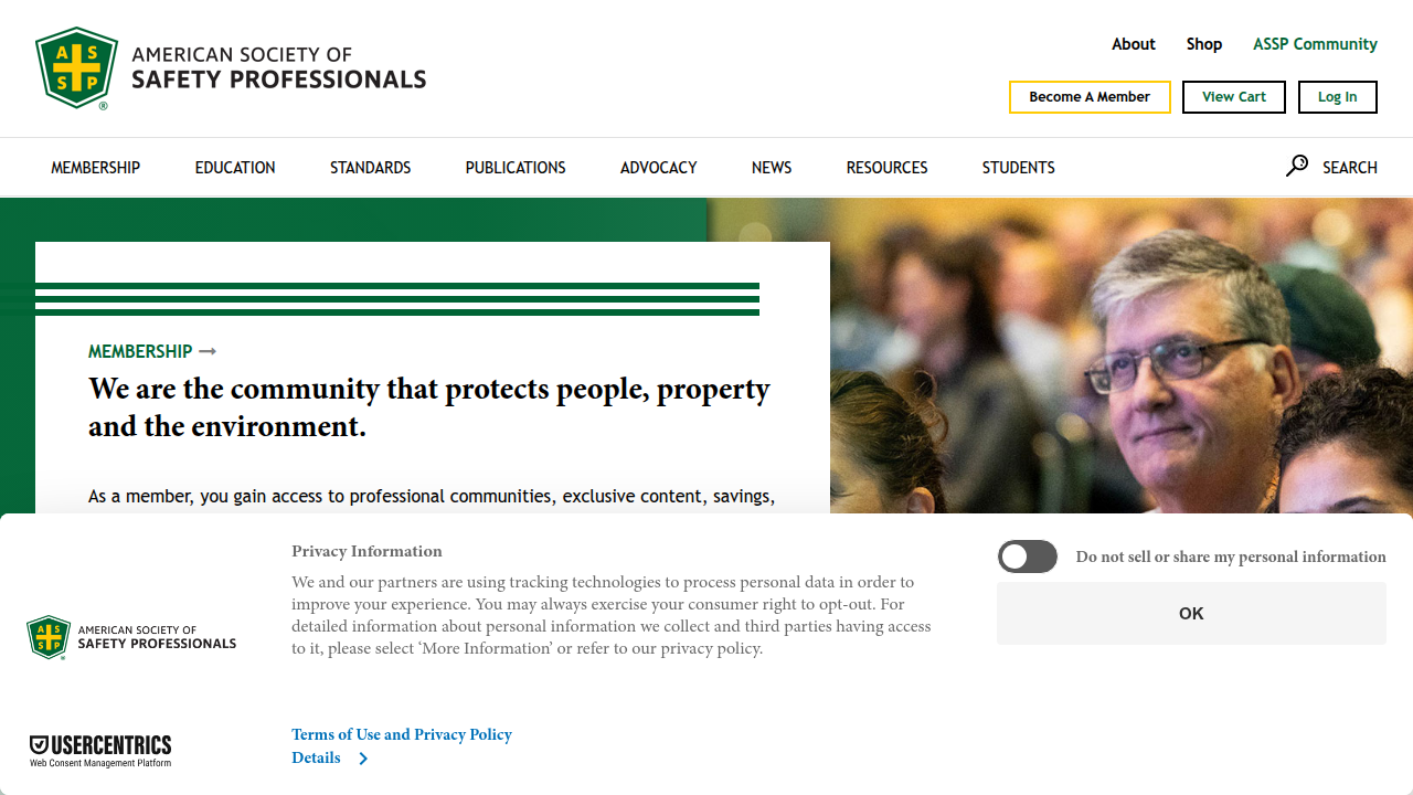 A screenshot of the American Society of Safety Professionals (ASSP) homepage, a leading organization in safety standards.