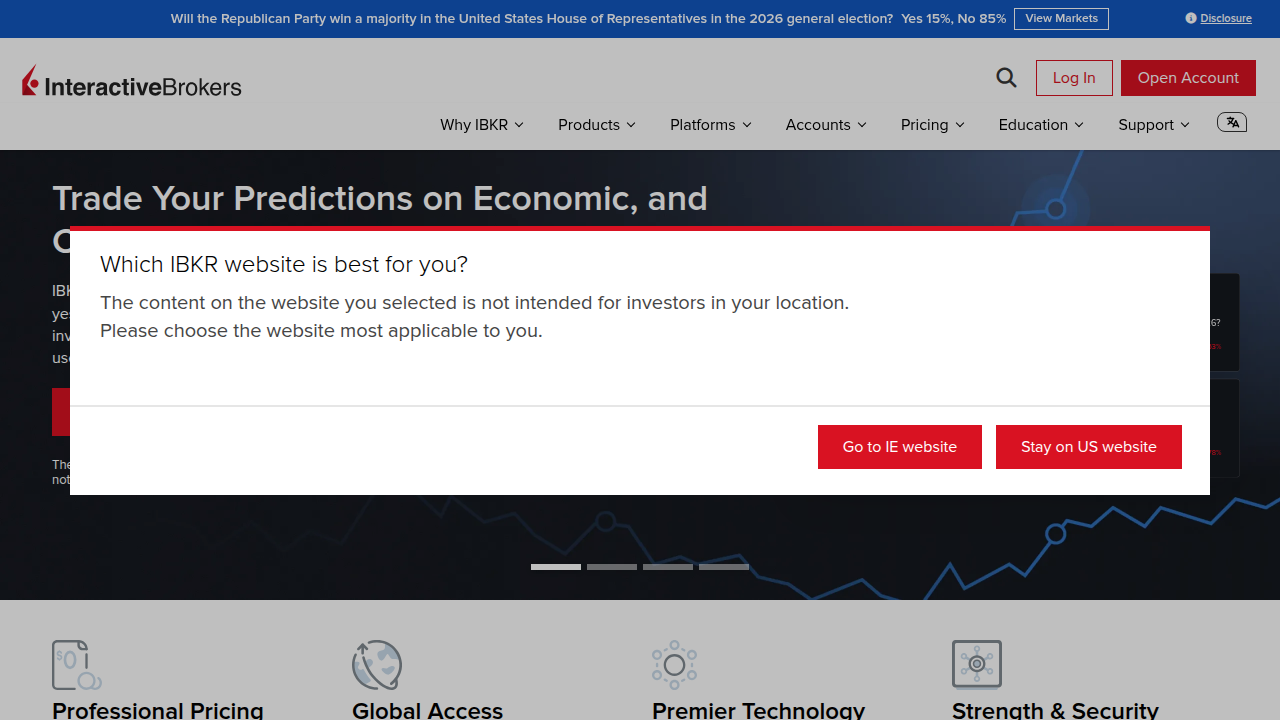 A screenshot of the Interactive Brokers homepage, showcasing its professional interface and range of services for global markets.