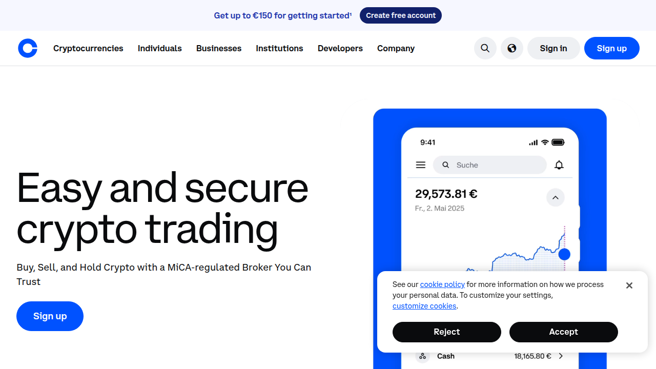 A screenshot of the Coinbase homepage, illustrating its user-friendly design often favored by beginners for cryptocurrency purchases.