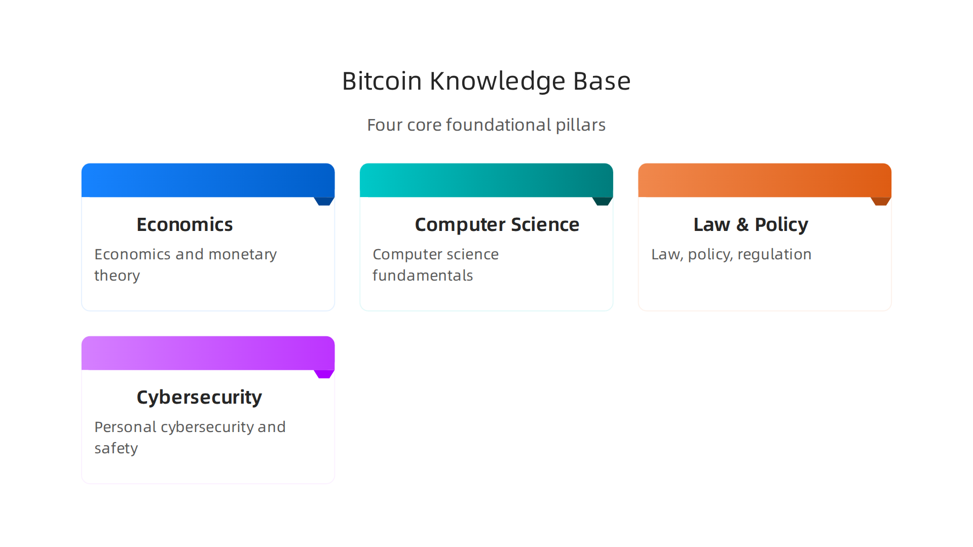 An infographic outlining the four core pillars for a solid Bitcoin understanding: Economics & Monetary Theory, Computer Science Basics, Law, Policy, & Regulation, and Personal Cybersecurity & Operational Safety.
