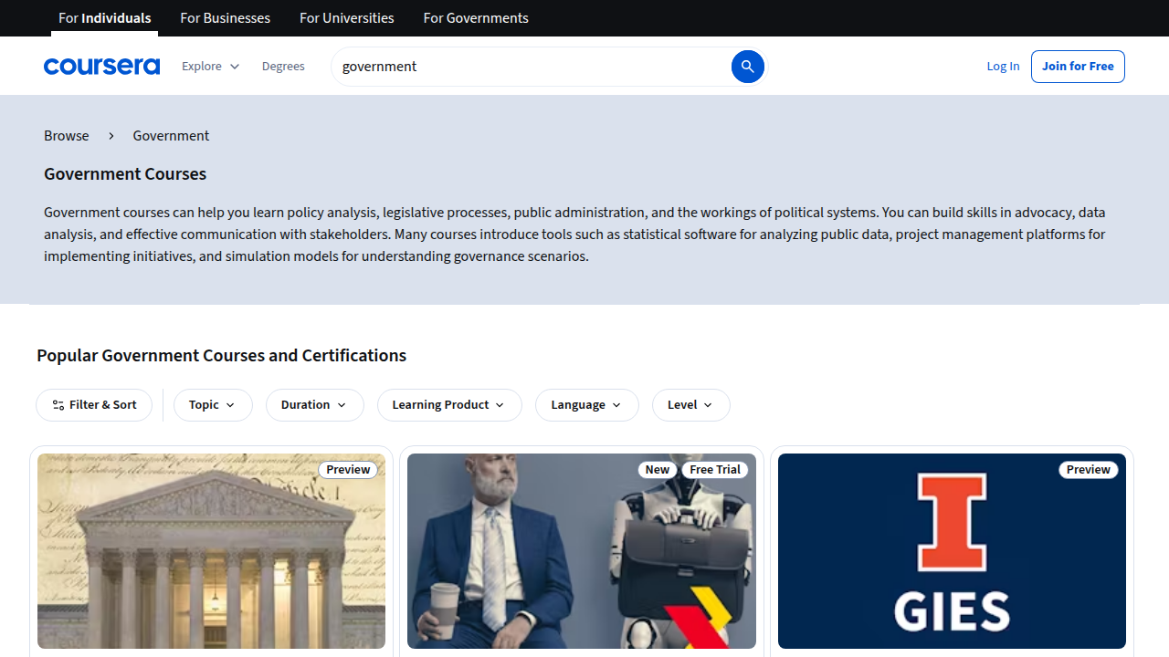 Screenshot of Coursera's 'government' course catalog, demonstrating a platform offering certified online education from public institutions.